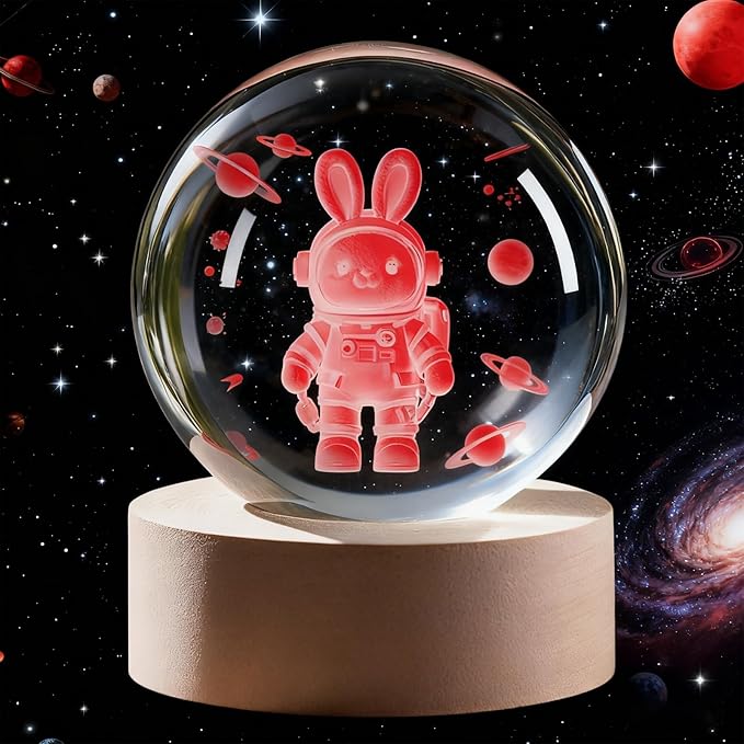 Easter 3D Crystal Ball Rabbit Decor Night Light, Easter Night Light Space Bunny Astronaut Gifts for Kids, Birthday Gift for Boy Gifts for Him Her Boyfriend Girlfriend