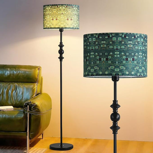 Vintage 63” Tall Floor Lamp for Living Room Bedroom, with Green Print Shade, Green Mid Century Modern Floor Lamp for Bedroom Office