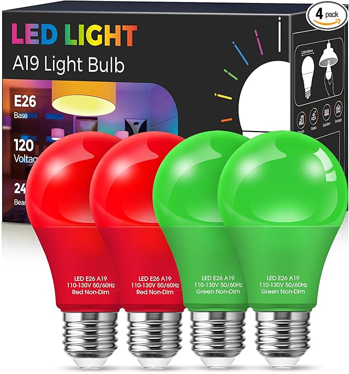 Red and Green Light Bulbs 【4 Pack 】, A19 LED Christmas Light Bulbs, 9W E26 Red Light Bulb Green Light Bulb 720LM for Halloween Christmas Lighting, Porch, Non-Dimmable