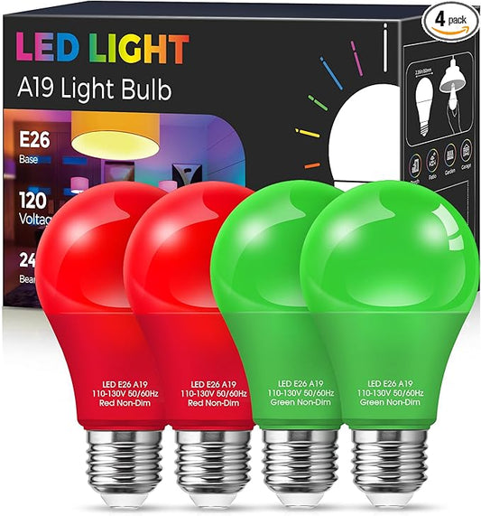 Red and Green Light Bulbs 【4 Pack 】, A19 LED Christmas Light Bulbs, 9W E26 Red Light Bulb Green Light Bulb 720LM for Halloween Christmas Lighting, Porch, Non-Dimmable