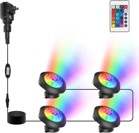 RGBW Pond Lights,18 LED Underwater Submersible Fountain Light, Remote Control IP68 Waterproof Color Changing Spotlights Lighting for Fish Aquarium Tank Garden Yard Pool(Set of 4)