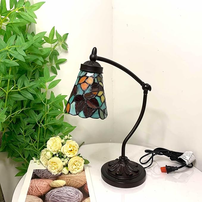 Bieye L10893 Maple Leaves Tiffany-Style Stained Glass Swing Arm Desk Lamp, 19-inch Tall