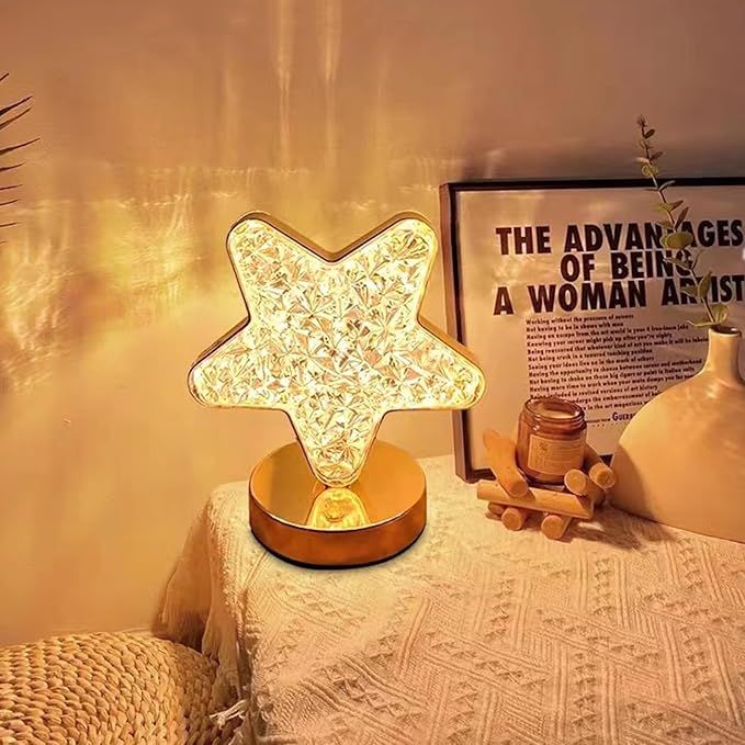 Countertop Crystal Lamps Star Table Lamps with Base Touch Control,Rechargeable and Dimmable Bedside Nightstand Nursery Light 3 Color Adjustable, Christmas Ramadan Bedroom Decorations Gift,7x4x4in