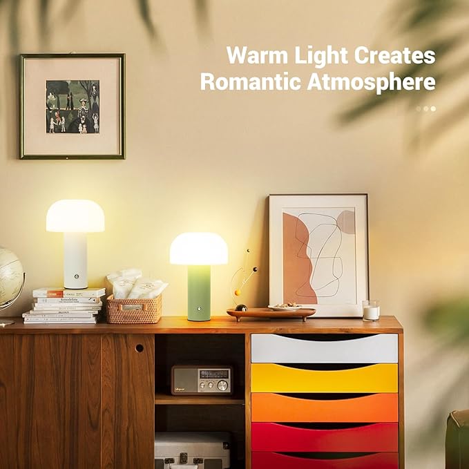 Cordless Mushroom Table Lamp Rechargeable,4000mAH Portable Battery Operated Lamp,3 Color Stepless Dimming Modern Lamps for Bedside Lamps,Touch Dimming Night Light for Home/Restaurant Green