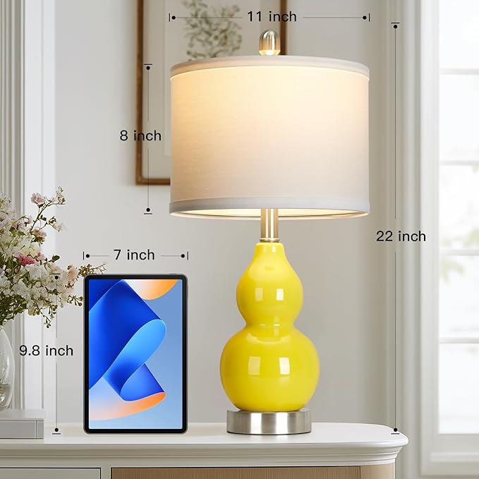 Double Gourd Ceramic Table Lamps Set of 2, Modern Yellow Bedside Lamps for Night Stand, Contemporary Nightstand Lamps for Bedroom Living Room (Bulb Included)