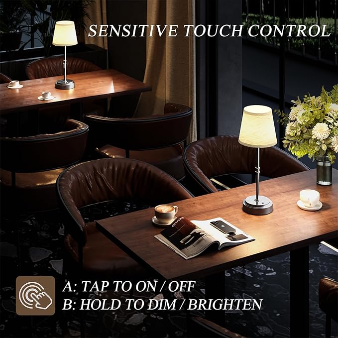 Cordless Table Lamp Rechargeable Silver - 1 Pack 7500mAH Battery Operated Lamp for Decor, 3000K Stepless Dimming Touch Control Wireless Lamp for Bedroom, Dining Table, Counter, Living Room