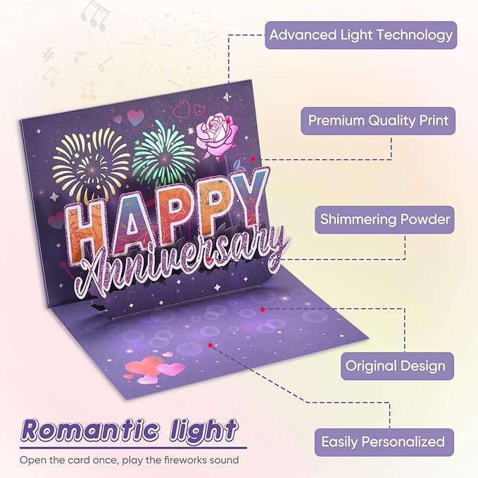 LIGHTS & FIREWORKS Pop Up Anniversary Cards for Couple, Romantic Flower Greeting Card for Wife, Wedding Anniversary Cards for Her with Envelop