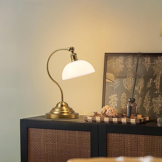 Cordless LED Table Lamp, Battery Operated Desk Lamps with Swing Arm & Plastic Shade, Vintage Small Rechargeable Dimmable Light for Bedroom, Living Room, Nightstand, Brass/White