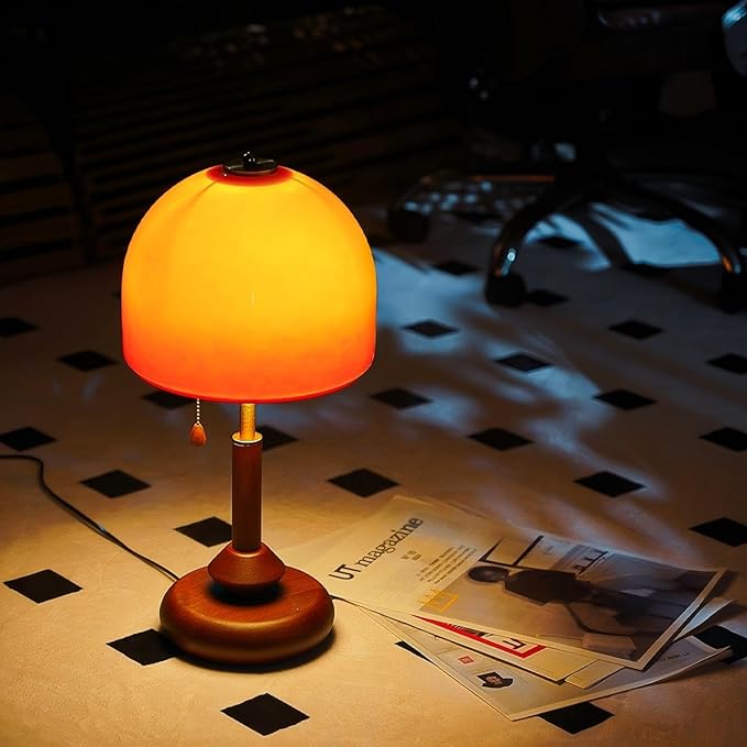 LIGHTLAND Orange Table Lamp, Glass Lampshade Metal Lamp Body Wood Base, Decorative Mushroom Lamp, Vintage Table Lamp for Living Room Bedroom Study, 9.4 * 19.7 Inch
