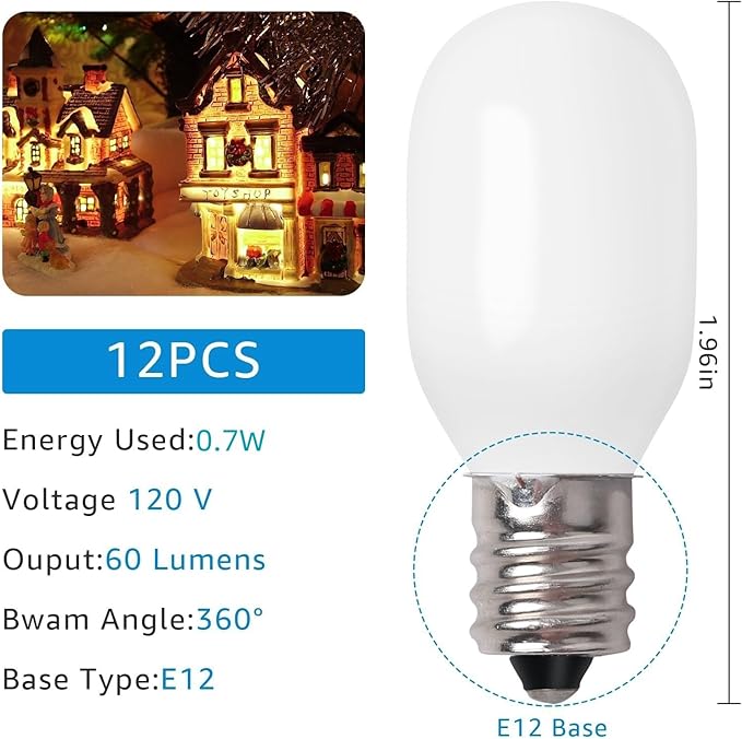 12 Pcs Christmas Village Replacement Light Bulbs, E12 Candelabra Base T20 LED Bulbs,120V 0.7W Replace Bulbs Accessories for Villages Houses Dept 56, Christmas Tree, Halloween Pumpkin Holiday Decor