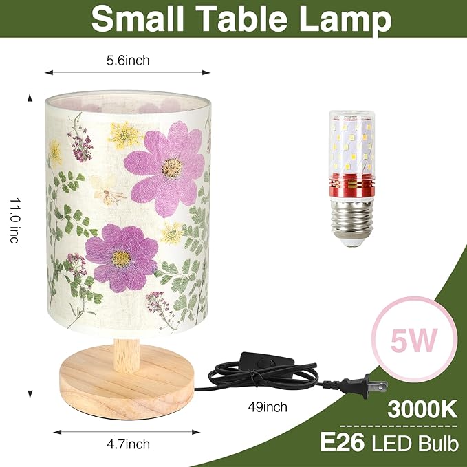 Dried Flowers Small Table Lamp 5W LED 3-Color Bedside Lamp Pressed Flowers Lampshade with Wood Base for Bedroom Living Room Desk Nursery