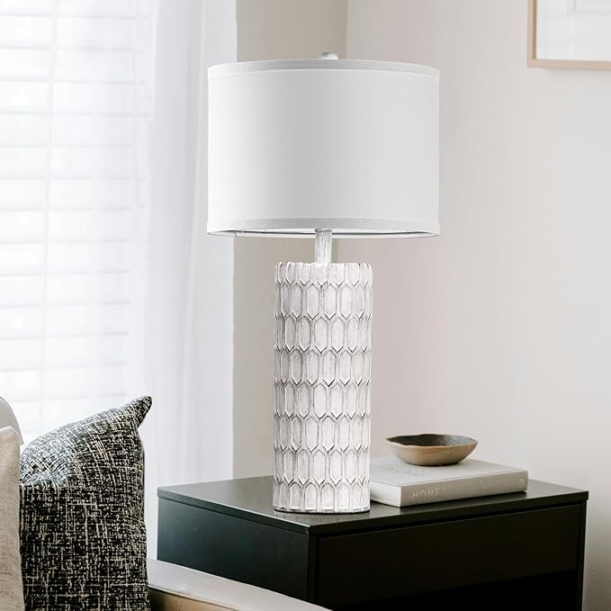 26" Farmhouse Table Lamps for Living Room Set of 2, Antique Traditional End Table Lamps for Bedroom Night Stand, White Shade Rustic Bedside Lamps with Grey-White Resin Body, Bulbs Included