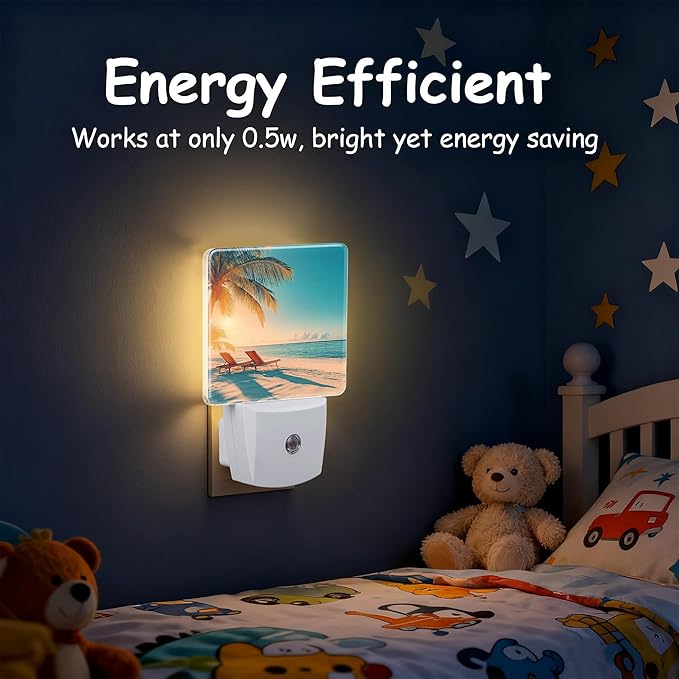 Beach and Sunset Night Light for Kids, Dusk-to-Dawn Auto Sensor Plug in Night Light, 0.5W Energy Saving Non-Toxic Design for Bedroom/Bathroom, Ideal Gifts for Women, Men & Kids