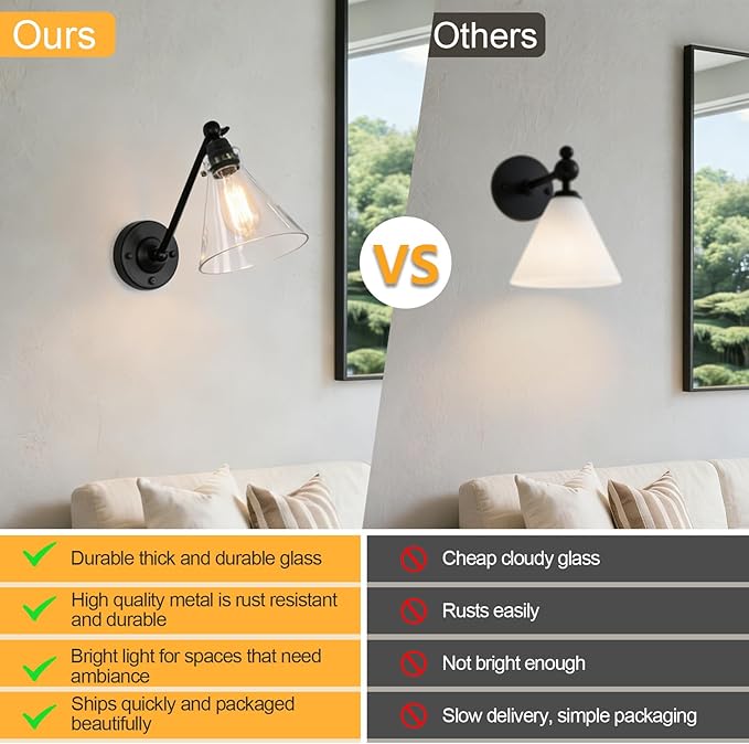 Industrial Vintage Slope Pole Wall Mount Single Sconce with Funnel Flared Clear Glass Shade, Swing Arm Wall Sconce Light Lamp Fixture Hardwired