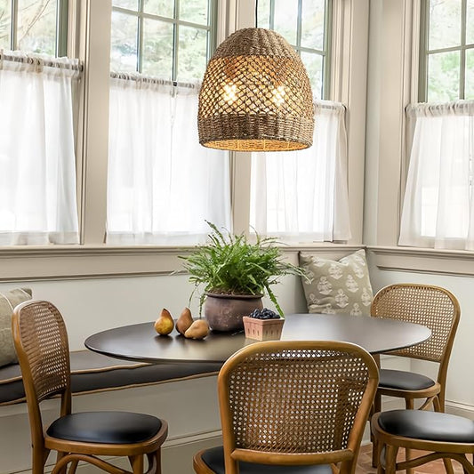2-Light 13” Rattan Pendant Light, Boho Hand-Woven Light Fixtures, Natural Seagrass Wicker Rattan Hanging Chandelier for Farmhouse Kitche Dining Living Bedroom Foyer