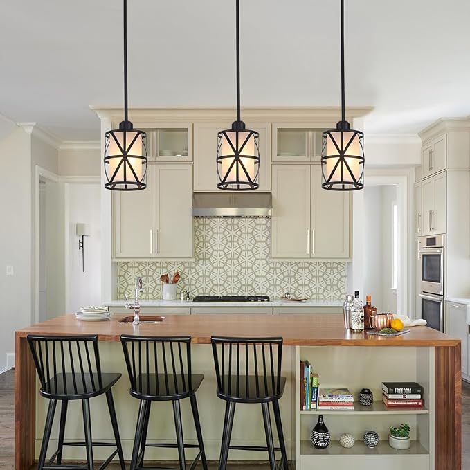 3 Pack Pendant Light Kitchen Island Pendant Light, Stem Rod Hanging Light with Spiral Cage Frosted Glass Shade, Black Modern Indoor Hanging Lamp