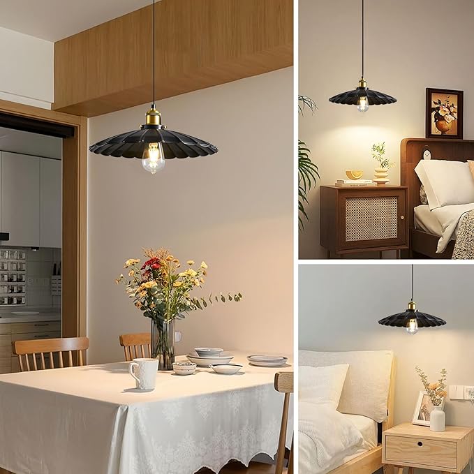 2Pack Hanging Lamp, Metal Pleated Lampshade Pendant Lighting for Kitchen Island Black Pendant Light Fixture 15.7 Inch Hanging Pendant Light 6.5Ft Height Adjustable