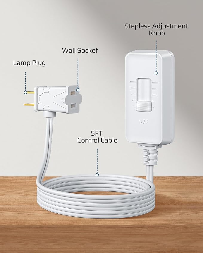 DEWENWILS Plug in Dimmer Switch for Lamp, Table Lamp Dimmer for Dimmable LED/CFL Lights and Incandescent Bulbs, Full Range Slide Control, Extension Cord Dimmer, White, 2 Pack