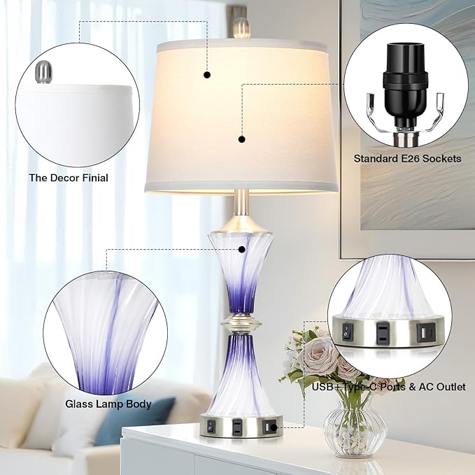 Purple Glass Table Lamp Set of 2 with USB C+A Ports & AC Outlet, Bedside Lamp, Modern Bedroom Lamps, Crystal Lamp for Night Stands Bedroom Living Room,Nightstand Lamp LED Bulbs Included