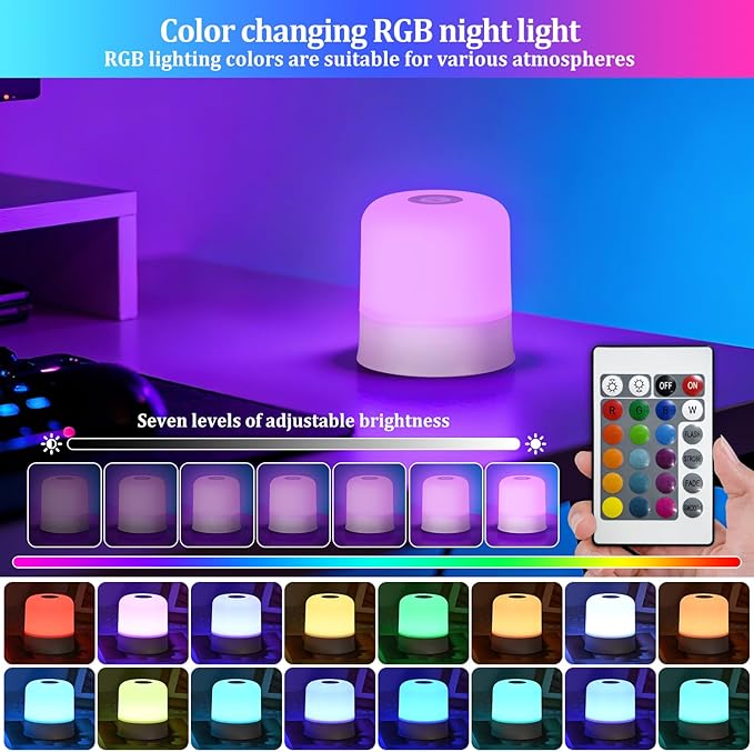 Night Light Bedside Lamp with Touch and Remote Control, 13 RGB Colors Changing 5 Brightness Dimmable Table lamp, Rechargeable Portable Desk Lamp for Baby Kids Nursery Bedroom Outdoor Camping