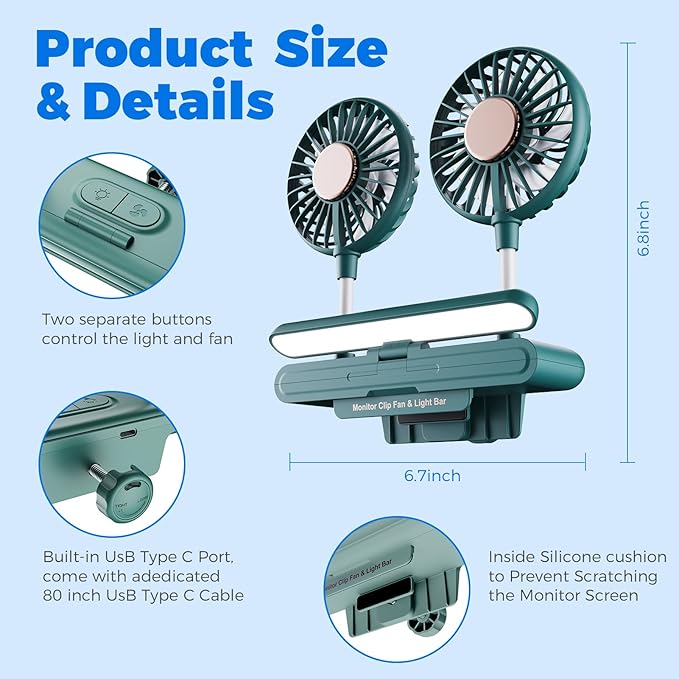 Reading stand Lamp Light Bar with Fan Two-Head Personal Cooling Quiet USB Fan Flip-Open light, Level 3 brightness 3 Wind Speed for Working/Self Broadcasting (Forest Green)