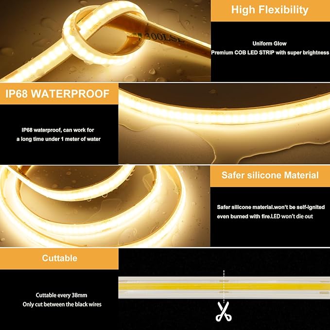 32.8ft COB LED Strip Lights Waterproof IP68, 3000K Warm White Outdoor 24V Dimmable Silicone LED Tape Lighting High Density, 6000LM+, 3200LEDs Clips and Screws(Power Supply Not Included)
