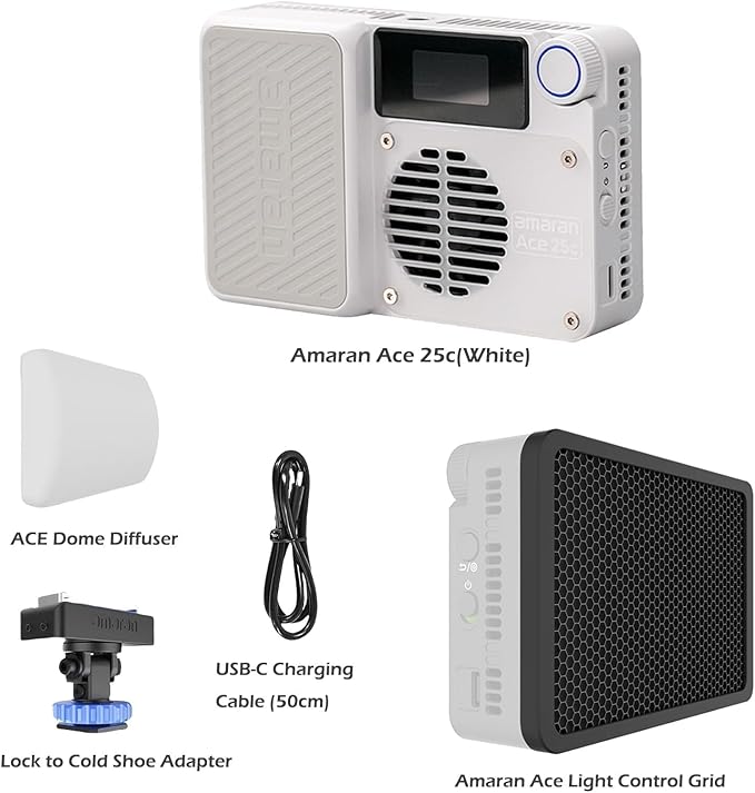 Amaran Ace 25c RGB LED Video Light with Grid, Full Color 2300-10000K Bi-Color,4500mAh Rechargeable Battery & PD Fast Charging,Portable for Photography/Filmmaking/Vlogging (White)