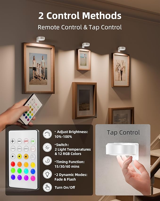 EZVALO Picture Lights for Wall, 2000mAh Rechargeable Battery Magnetic Poster Lights with 3 Color Temps & 12 RGB, Remote Dimmable Timer Painting Light, Wall Decor Light for Art Display, Frame (6 Pack)