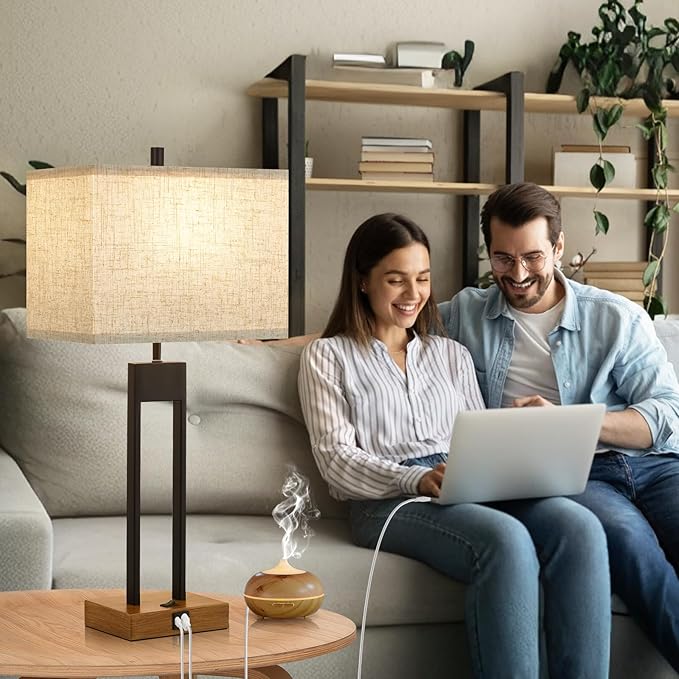 GyroVu 25.5'' Set of 2 Modern Bedroom Table Lamps with USB C+A Ports, 3 Color Changeable, Brown Night Stand Lamps for Bedside, Guest Room, Office, Reading