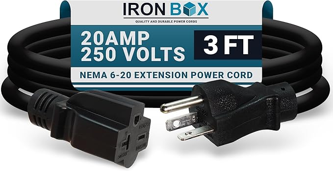 IronBox Electric - NEMA 6-20 Extension Cord - 12/3 SJT Jacket, 20A, 250V Cord - Compatible with Any Generator Equipped with a 6-20 Receptacle - Heavy Duty Extension Cable(Molded, 3 Foot)