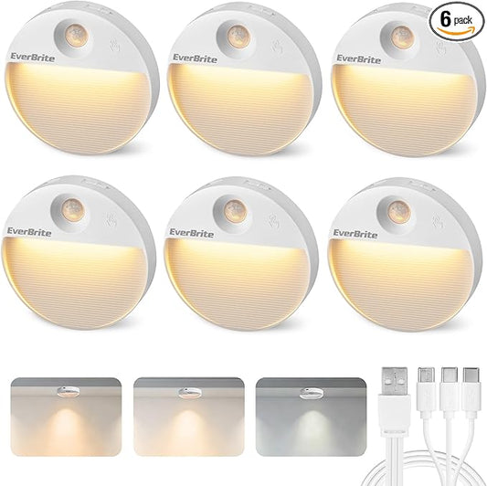 EverBrite Rechargeable Round Motion Sensor LED Night Light, Motion Activated LED Night Light with 3 Lighting Modes, Touch Control, 3 Color Temperatures & Dimmable, for Hallway, Bedroom, 6 Pack
