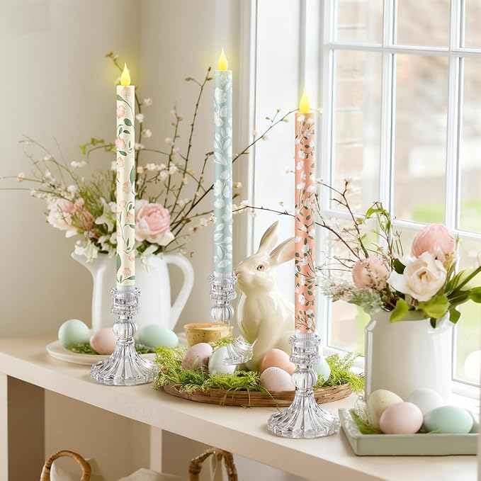 Honoson 6 Pcs Easter Flameless Taper Candles 10.6 Inch Spring Flower Candles Battery Operated LED Candlesticks for Easter Dinner Table Home Party Decor