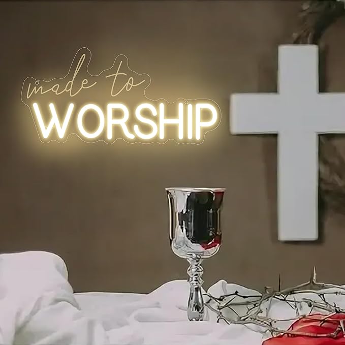 Made to Worship Neon Sign – Warm White Dimmable LED Wall Sign with 3D Engraved Letters and Light Strip, Christian Home Decor for Prayer Room, Church, or Bedroom 15″ × 7.25″