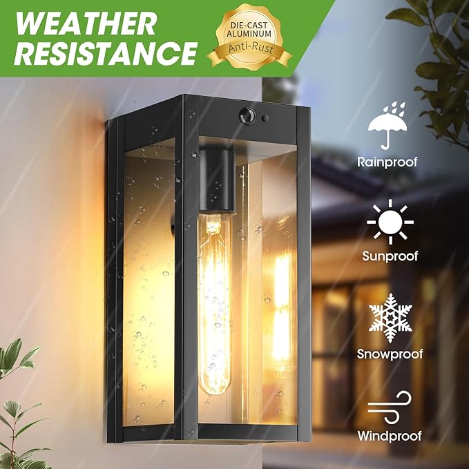 10.6" Motion Sensor Outdoor Wall Sconce Lights 2Pack, Dusk to Dawn Black Exterior Lighting Fixtures with 3 Lighting Modes, Front Porch Lights Outdoor Garage Lighting Fixtures Wall Mount for House