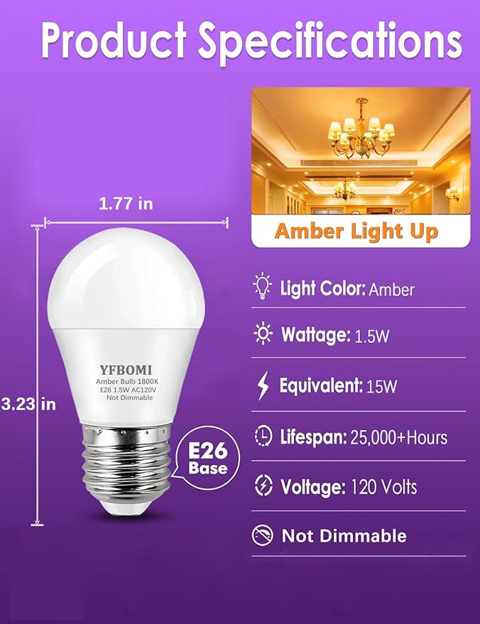 Amber Light Sleep Bulb, A15 1.5W 15 Watt Equivalent Light Bulbs 1800K 120V E26 Base,Low Watt Light Bulbs Table Lamp Bulb for Bedroom,Non-Dimmable 12 Pack