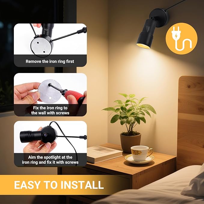 Spot Lights Indoor 5W LED Up Lights 3000K Uplighting with Zoomable 8°-60° Focus Head Floor Spotlight Indoor for Plants Artwork Accent Lights Decor, 5.9 FT Plug Cord with Foot Switch, 2 Pack