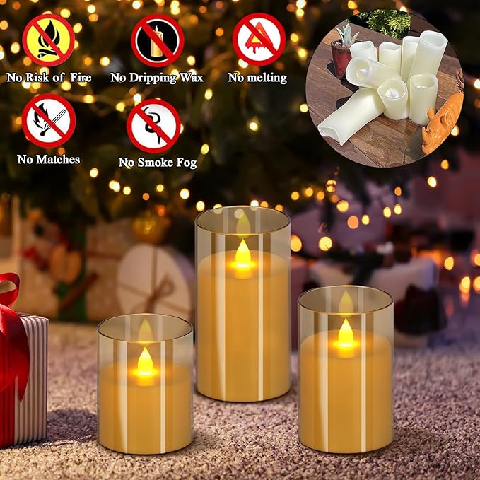 Flameless Candles 4" 5" 6" Set of 12 Acrylic Glass Pillars 3" Diameter Battery Operated Flickering Candles Include 8-Key Remote with Timer Function 400+ Hours (Amber, 12 Pack)