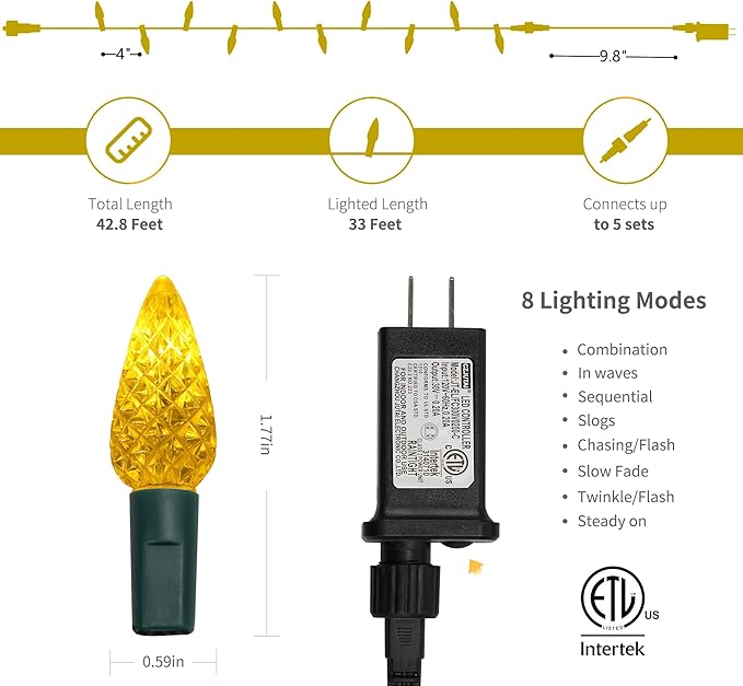 WATERGLIDE C6 Christmas Lights, 33ft 100 LED Faceted String Lights Green Wire Fairy Lights with 29V Safe Adaptor, 8 Lighting Mode, Waterproof for Indoor Outdoor Patio Xmas Tree Party Decor, Yellow