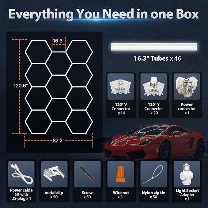 Hexagon Garage Lights: 322W 11 Grids Hexagon LED Lights - Easy Install 6500K Super Bright Honeycomb Lights Ceiling for Garage, Warehouse, Car Detailing Shop, Exhibition Hall, Gym