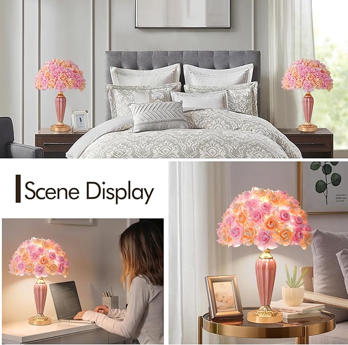 Pink Flowers Lamp Fabric Flower Bedside Lamp Romantic Rose Bouquet Table Lamp for Wedding Decor Girl Bedroom Valentines Dating Living Room Hotel Office