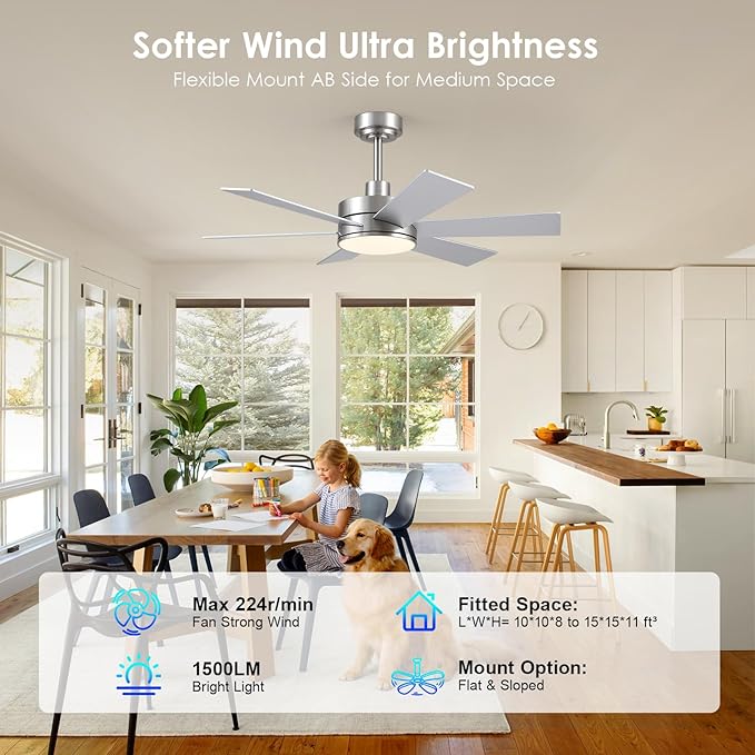 42 inch Ceiling Fans with Lights, Ceiling Fan with Remote APP, Dual-Sided Modern/Rustic 6 Blades, Reversible, 3CCT, Sloped Flush Mount Low Profile Ceiling Fan with Lights Bedroom Kitchen Indoor Nickel