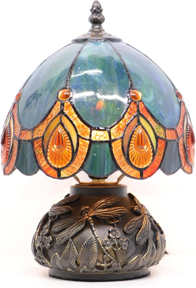 Small Tiffany Mushroom Table Lamp,Mini Memory Sympathy Antique lamp 8X11 Inch (Peacock Crystal)