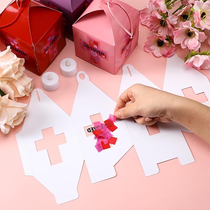 12 Sets Religious Valentine's Day Crafts with LED Candlelight Valentine's Day Cross Tissue Paper Crafts Kits DIY Cross Suncatchers Lanterns Hanging for Sunday School Christian Decoration