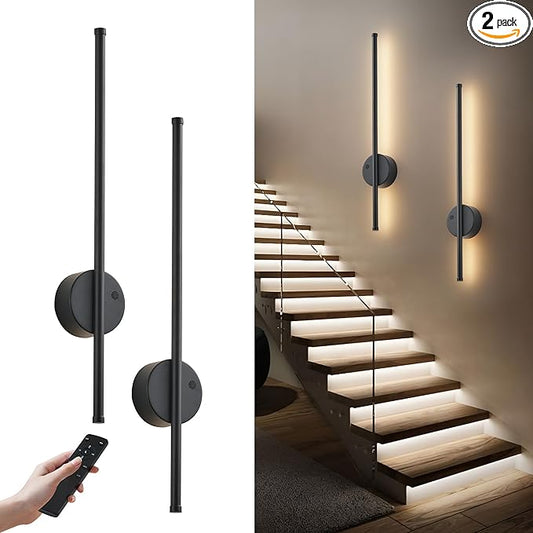 Motion Sensor Battery Operated Wall Sconce Set of Two - Modern Rechargeable Wireless Wall Lights with Remote Control, Dimmable, 3000K/4000K/6000K, Timer for Living Room, Hallway, 23.6 Inch, Black