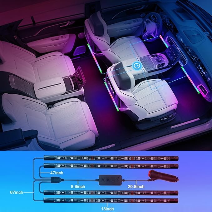 RGB LED Car Interior Light Strips with App Controls, Footwell Lighting for Car,Interior Car Lights with DIY Music Mode,72 LEDs Car Lights