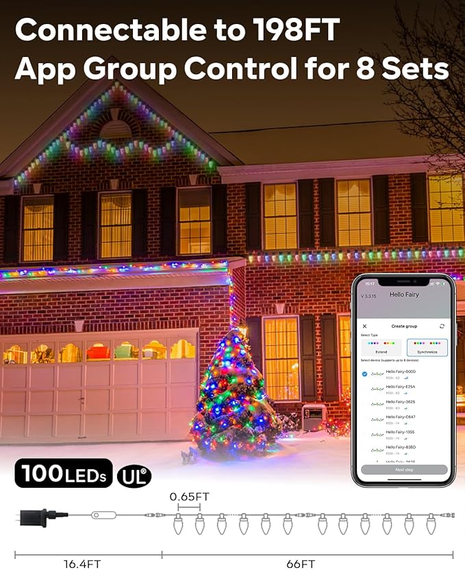 Smart C9 Christmas Lights Outdoor RGB, 66Ft 100 LEDs Dynamic C9 String Lights DIY Chasing Effects APP Remote Controlled, Waterproof, Music Sync, Connectable Tree Lights for Roofline Fence Decoration