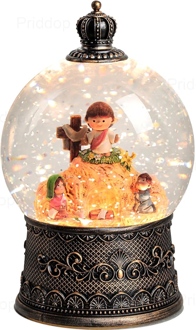 Empty Tomb Easter Scene and Cross Decoration Easter Snow Globe Easter Decorations for Home Music Christian Gifts with 6H Timer USB/Battery Powered 105mm Globe