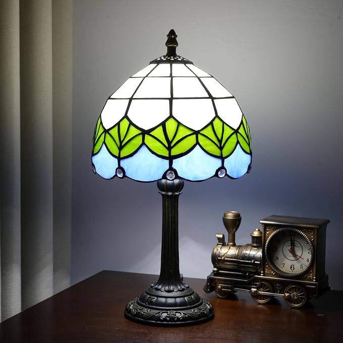 Small Tiffany Lamp Stained Glass Table Lamp Elegant Lovely Retro Style Green Lotus Leaf Bedside Nightlight Nightstand Bedroom Home Decoration Antique Living Room Office Interesting Lamp