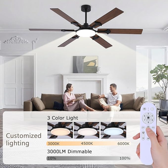 66 Inch Brown Ceiling Fan with Lights, Modern Large Ceiling Fan with Remote & APP Control, Reversible DC Motor, 6 Double-Sided Blades, 6 Speeds, Silent, Timer, for Living Room Indoor & Outdoor