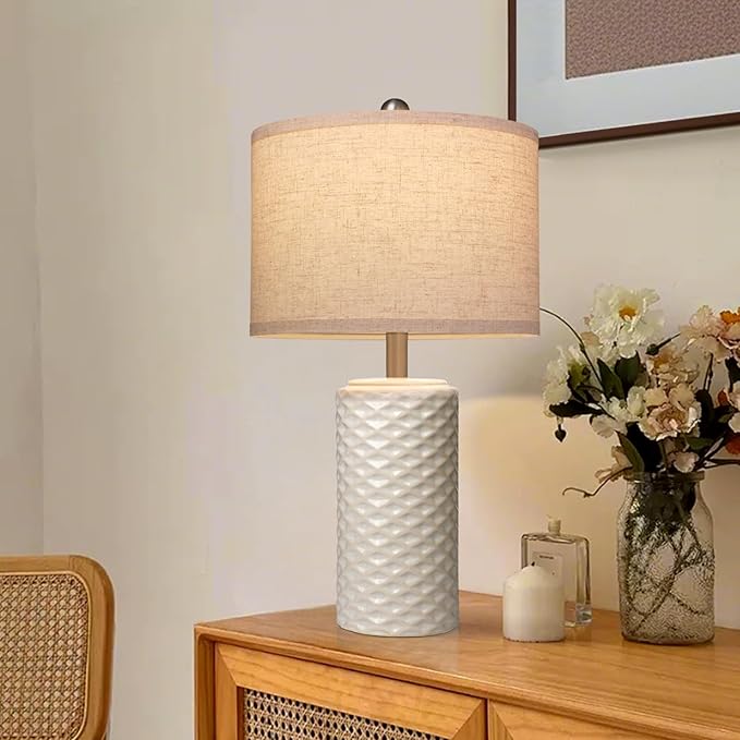 23" Bedside Lamps Set of 2, Dimmable Ceramic Table Lamps for Night Stands Modern Farmhouse Bedroom Lamps with Timer, Nightstand Table Lamps for Living Room End Table, Beige, LED Bulb Included